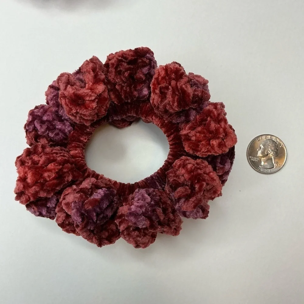 Crochet Scrunchie Oversized Hair Tie Red Wine Plush Crushed Velvet Handmade